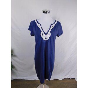SALE Lilly Pulitzer Dress Womens Medium Blue White Pima Cotton Embroidered Neckl